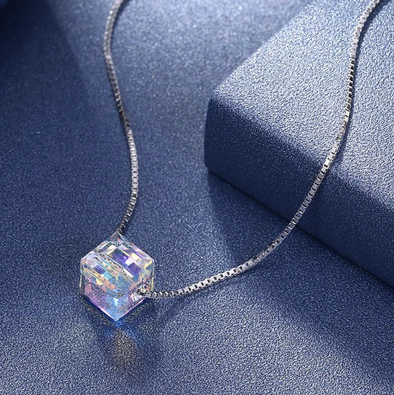 Aurora Borealis Crystal Cube Necklace